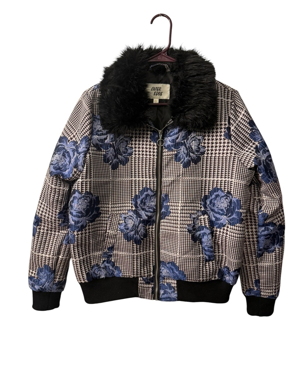 Womens Outer Edge Blue Floral lined Bomber Jacket with Faux Fur Collar EUC  LG